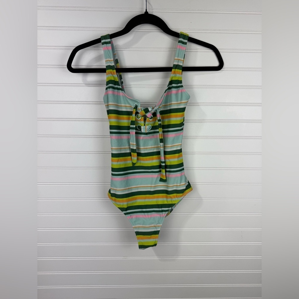 Aerie women’s one piece striped swimsuit with front tie lacing. Size XS